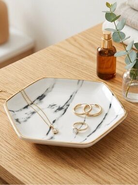 Pier 1 White Marble Hexagon Jewelry Tray with Gold Edge